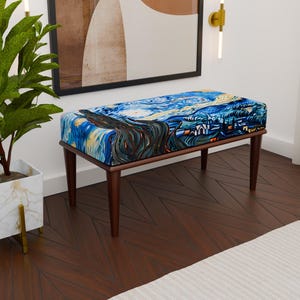 Starry Night Inspired Upholstered Bench, Handmade Artistic Design Ottoman, Mid Century Modern Accent Seating for Entryway or Bedroom, H-158