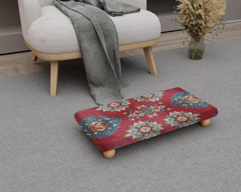 Red Floral Pattern Footstool with Wooden Legs Boho Low Stool H-781