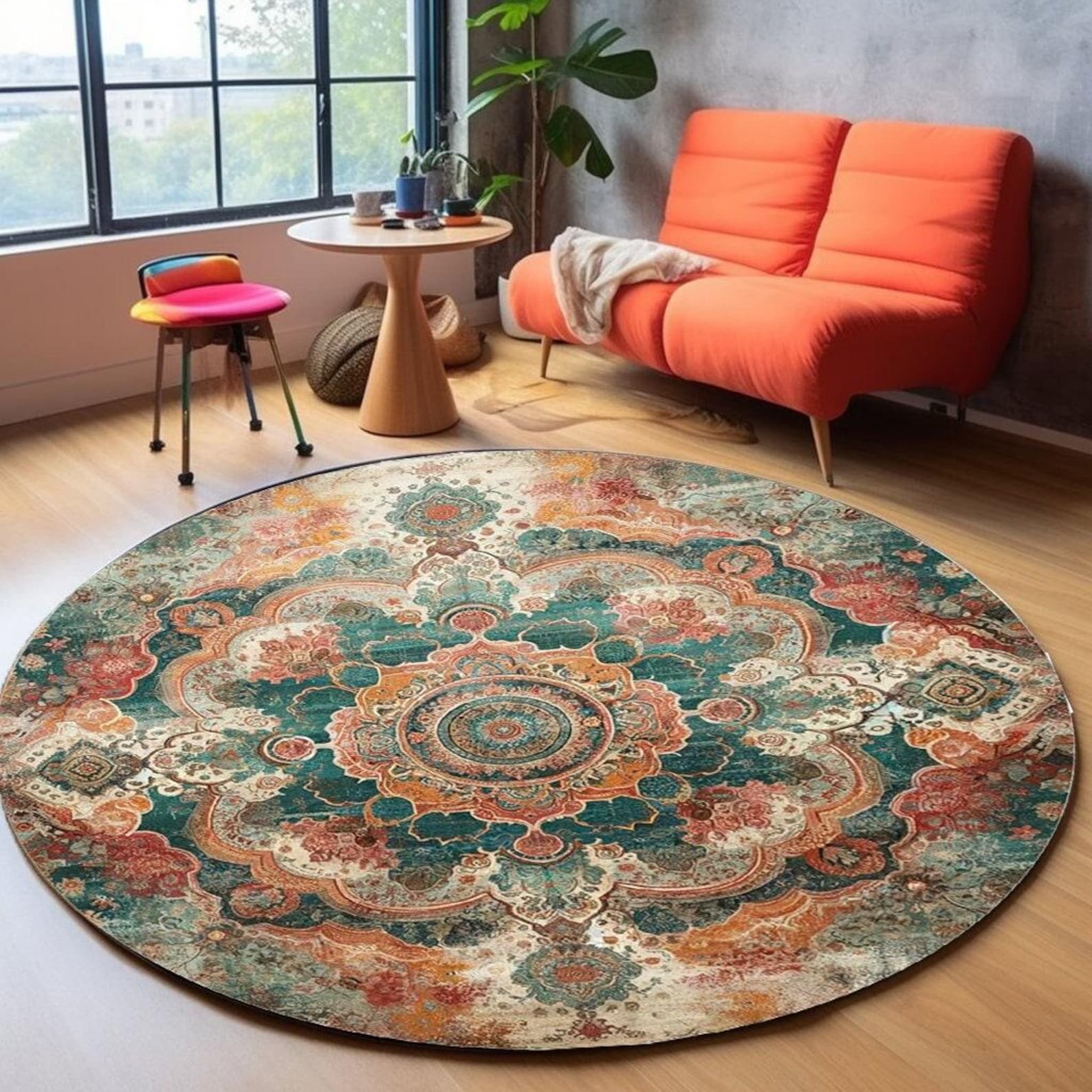 Cultural Design Rug, Orange Circle Rug, Large Round Rug, Washable ...