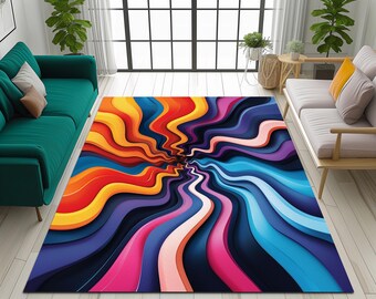 Könnte beinhalten: Abstrakter Teppich mit einem wirbelnden Muster aus gelben, orangen, roten, rosa, blauen und violetten Streifen. Der Teppich hat einen dunkelblauen Hintergrund.