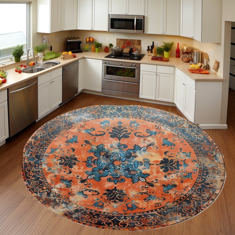 Navy Blue Rug, Bordered Circle Rug, Worn Round Rug, Washable Rug