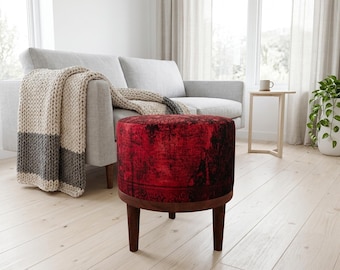 Worn Red Black Round Pouf | Small Ottoman Footrest | Rustic Hallway Decor