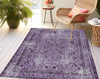 Bohemian rug, Oushak design rug, Living room rug, Floral rug, Contemporary rug, Border rug, Purple rug, Home decor modern, Easy clean rug