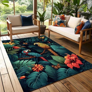 May include: A rectangular area rug with a vibrant tropical design. The rug features a dark background with large green leaves, red and orange flowers, and colorful parrots. Butterflies are also scattered across the rug.