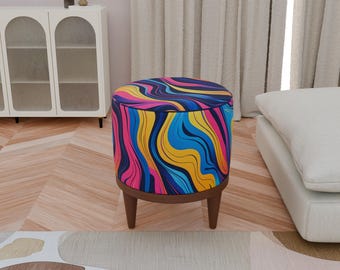 Multicolor abstract design round pouf, Elegance footstool, Ottoman upholstered bench, Bedroom bench, Piano bench, Cozy indoor bench, F-177