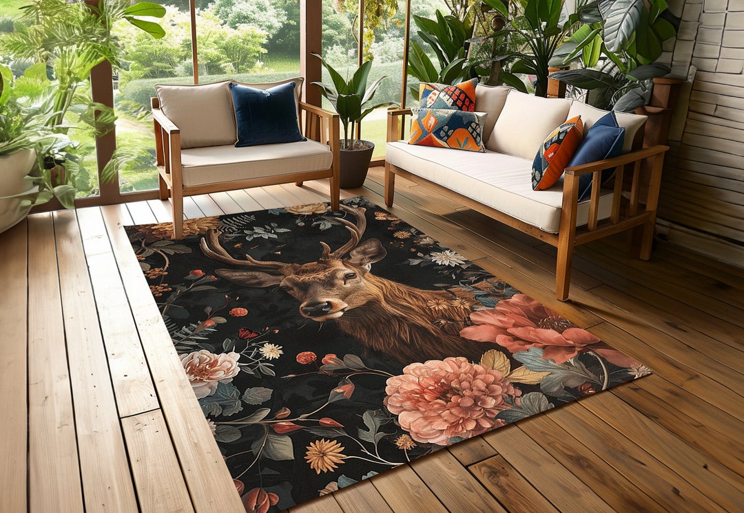 Majestic Deer Design Rug, Elegant Deer Pattern Rug, Washable Printed ...