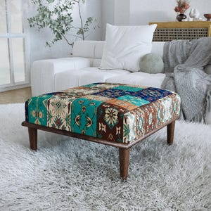 Eclectic Teal Patchwork Bench Colorful Tile Pattern Vanity Seat, H-723