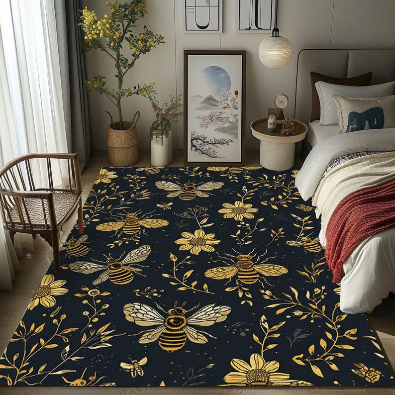 Bee pattern rug, Outdoor Non-slip rug, Washable rug, Honeybee patterned rug, Livingroom rug, Rectangular rug, Bedroom rug, Balcony rug,