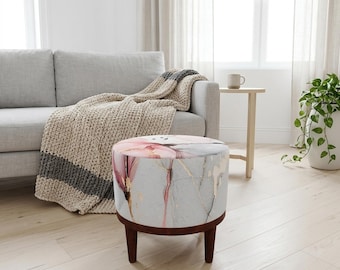 Blush Gold Marble Round Pouf | Makeup Vanity Footstool | Modern Bedroom Decor
