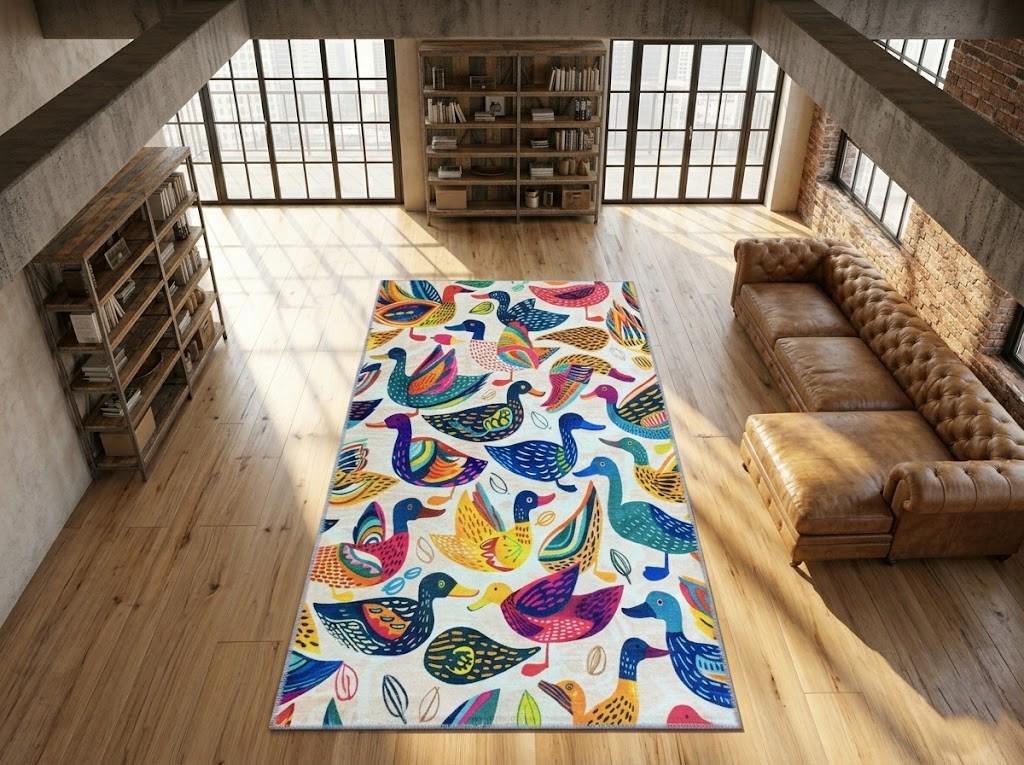 Colorful Duck Printed Rug, Cozy Runner Rug, Handmade Rug, Modern