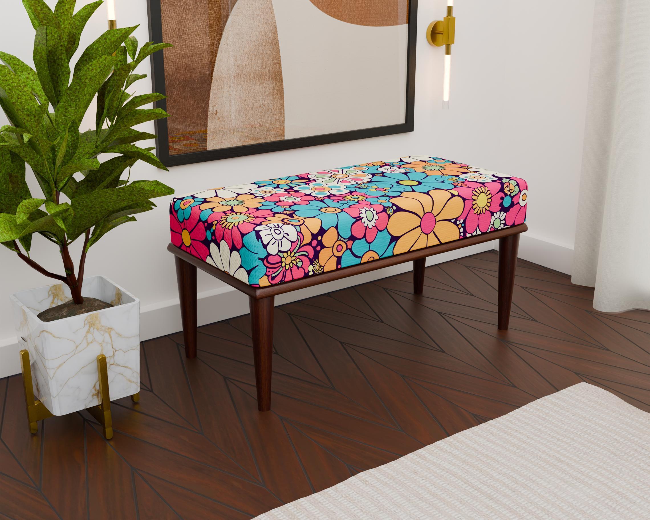 Colorful Daisy Print Upholstered Bench, Modern Accent Bench With