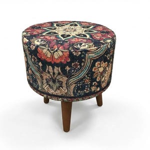 Ethnic design pouf, Floral footstool, Round ottoman bench, Gothic footrest, Living room furniture, Rustic hall stool, Round plant stand, F-9