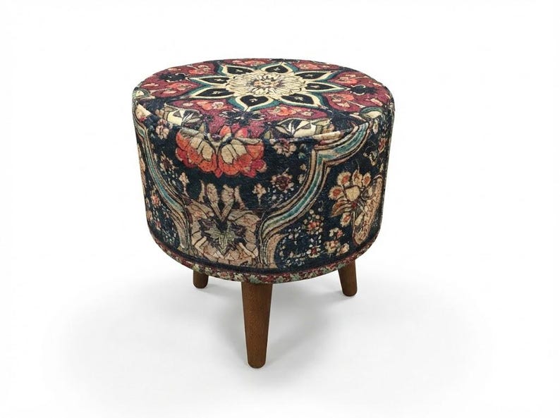 Ethnic design pouf, Floral footstool, Round ottoman bench, Gothic footrest, Living room furniture, Rustic hall stool, Round plant stand, F-9