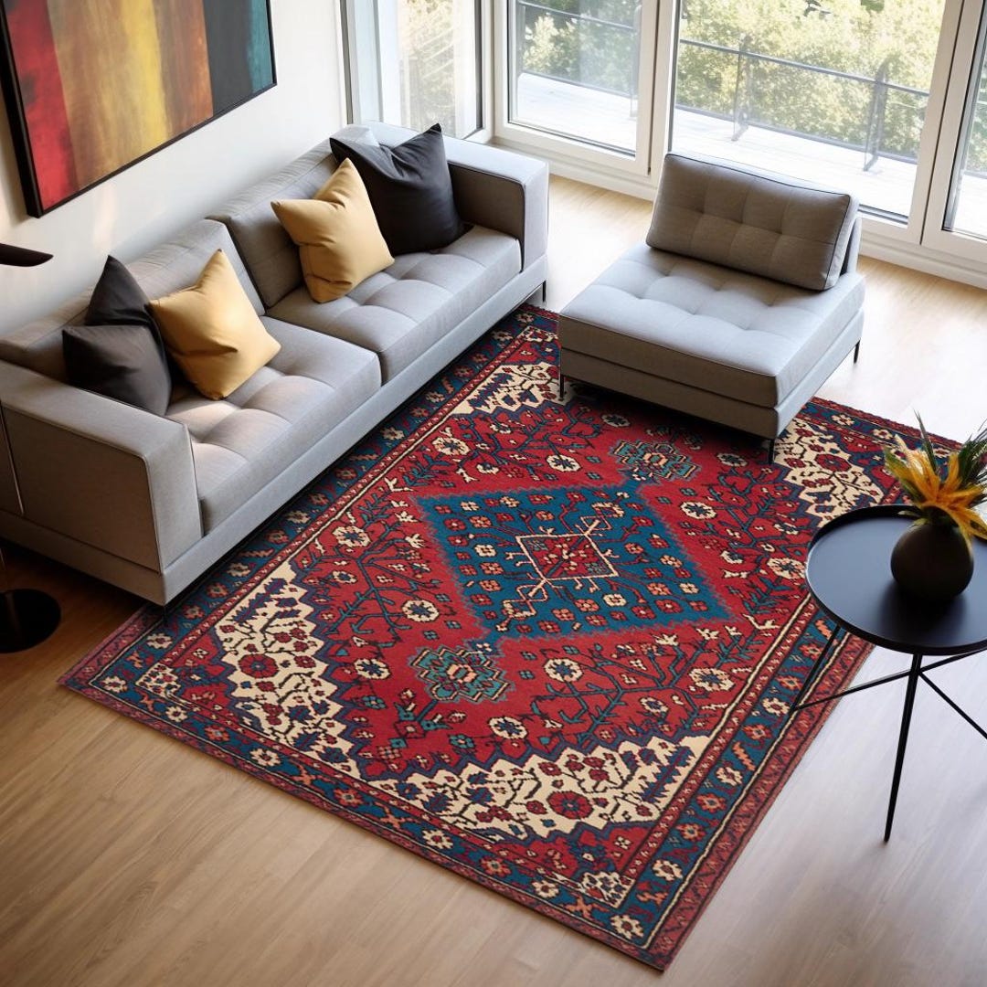 Red Blue Geometric Rug, Traditional Design Area Mat, Washable Non Slip ...