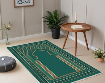 Alfombra de oración verde, alfombra de oración musulmana, alfombra suave portátil, regalo de Ramadán, alfombra de oración islámica, tapetes con detalles de mihrab, colección premium,