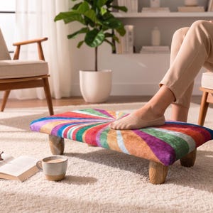 Rainbow Sunburst Foot Stool for Bed | Retro Multi Color Stepstool | H-1633