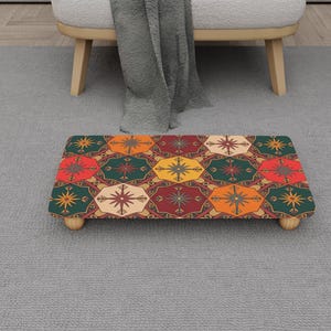 Eclectic Star Pattern Foot Stool for Bedroom | Red Green Medallion Stepstool | H-1608
