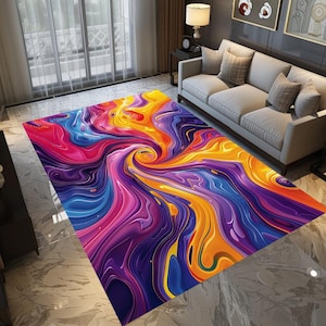 May include: Abstract area rug with swirling patterns in shades of purple, blue, yellow, and pink.