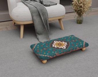 Tribal Art Footstool - Handmade, Beech Wood Legs, Cushioned Top H-748