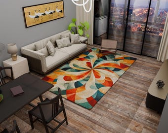 Absrtact design rug, Washable patio rug, Gift for new home, Living room rug, Home office rug, Colorful rug, Anti slip rug, Southwestern Rug