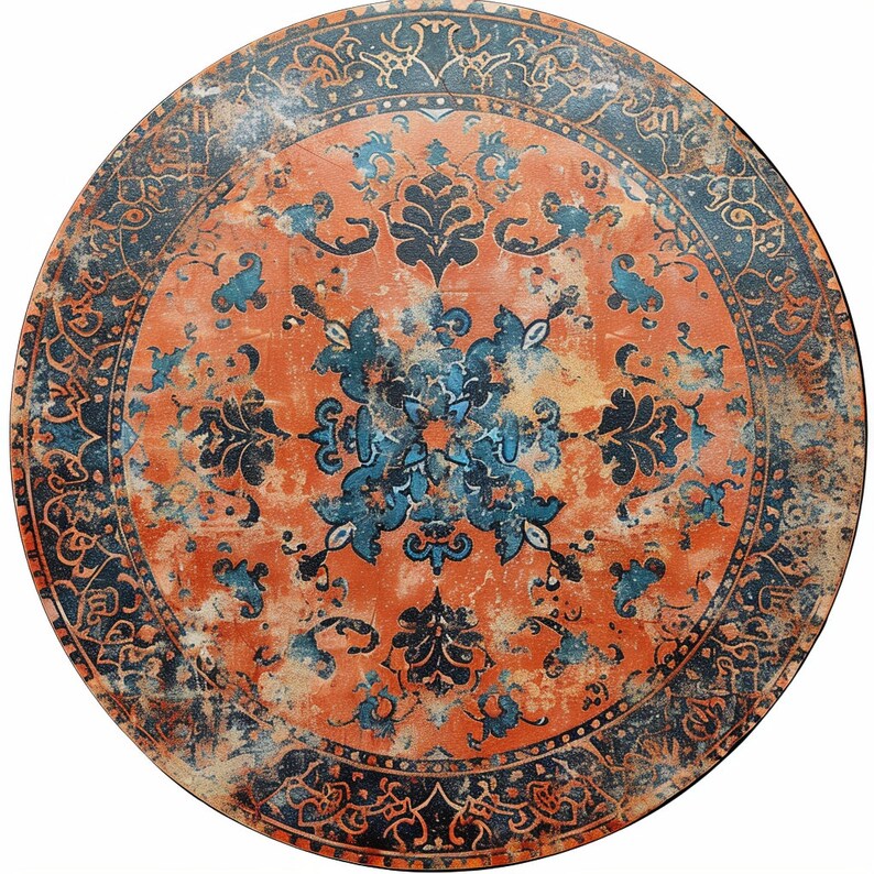 Navy Blue Rug, Bordered Circle Rug, Worn Round Rug, Washable Rug