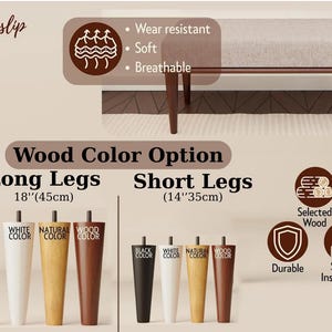 The image is a collage of various wood color options for large and short legs, along with their respective heights and descriptions.