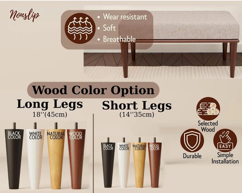 The image is a collage of various wood color options for large and short legs, along with their respective heights and descriptions.