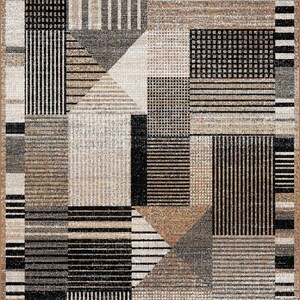 Op de afbeelding: Abstract geometrisch tapijt in zwart en bruin. Het tapijt heeft verschillende patronen, waaronder strepen, ruiten en geometrische vormen.