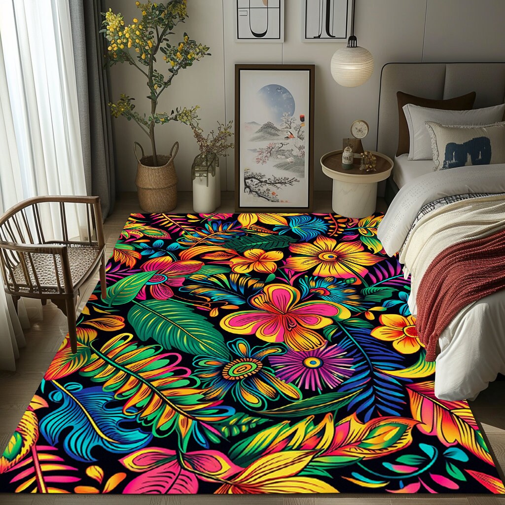 Colorful Floral Printed Rug, Soft Area Rug, Elegant Colorful Flower ...
