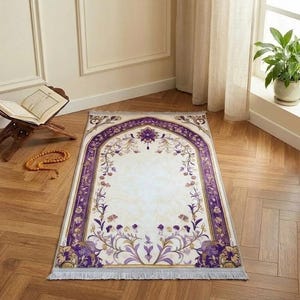 Alfombra de oración morada, alfombra de oración con diseño islámico, alfombra de oración acolchada suave, alfombra de regalo, regalo de boda, alfombra de oración para parejas, estera de oración turca, alfombra de terciopelo