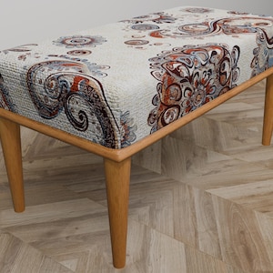 Otomana hecha a mano, Banco de recibidor rústico, Banco de madera oscura, Banco con estampado kilim, Puf de estilo vintage, Banco personalizado, Taburete de diseño, F-13