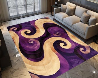 May include: A large area rug with a swirling design in shades of purple, black, and beige. The rug features a repeating pattern of curved lines and spirals, creating a modern and artistic look. The rug is placed in a living room setting.