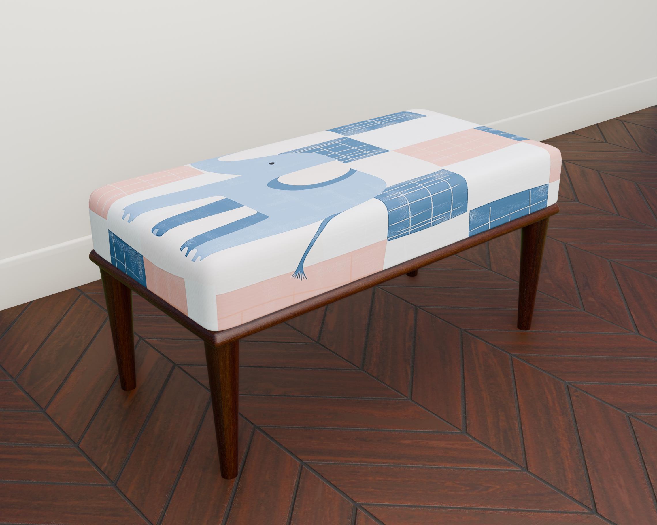個性的　象のベンチ 現代的な象柄のベンチ、青とピンクのオットマンベンチ、ホーム