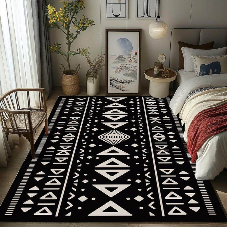 Black white rug, Minimalist rug, Mystic design rug, Gothic area rug, Sustainable rug, Easy to care rug, Anti slip back rug, Contemporary rug