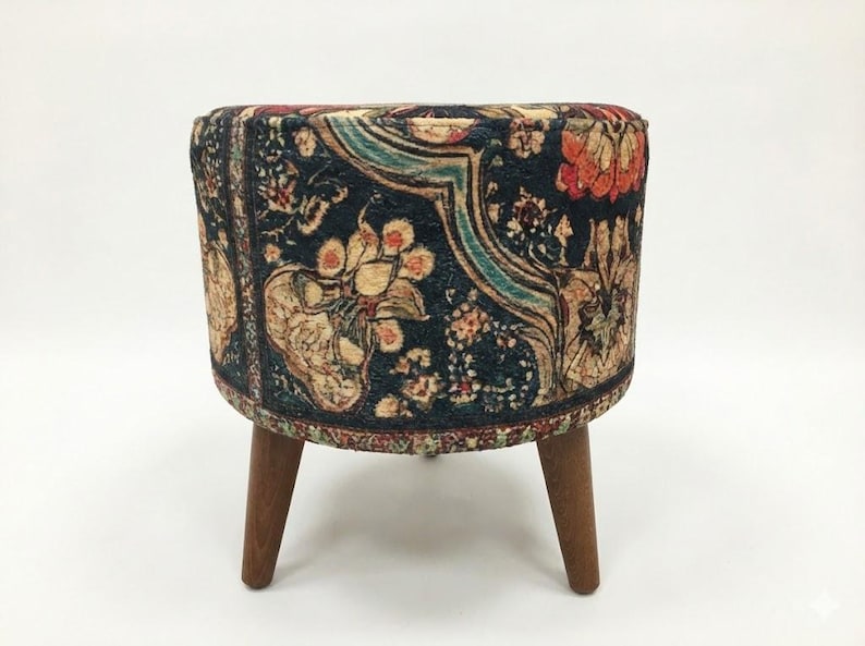 Ethnic design pouf, Floral footstool, Round ottoman bench, Gothic footrest, Living room furniture, Rustic hall stool, Round plant stand, F-9
