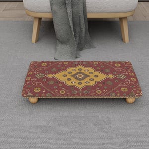 Traditional Maroon Rug Footrest | Vintage Patterned Bed Stepstool | H-1573