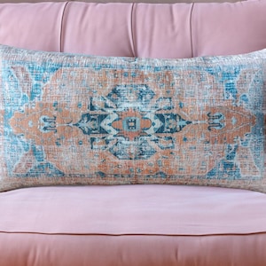 Oreiller bleu orange, oreiller fait main, oreiller bohème, oreiller kilim, housse de coussin, oreiller tapis imprimé, oreiller de sol, oreiller de literie