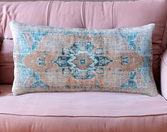 Orange blue pillow, Handmade pillow, Bohemian pillow, Kilim pillow, Cushion cover, Printed rug pillow, Floor pillow, Bedding pillow