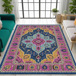 Coastal chic rug, Modern rug, Purple navy rug, Rug with leaf pattern, Floor rug, Bohemian rug, Medallion rug, Cotton rug, Area rug image 3