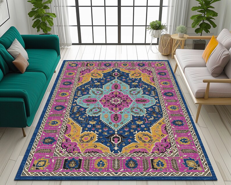 Coastal chic rug, Modern rug, Purple navy rug, Rug with leaf pattern, Floor rug, Bohemian rug, Medallion rug, Cotton rug, Area rug image 3