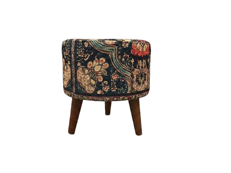 Ethnic design pouf, Floral footstool, Round ottoman bench, Gothic footrest, Living room furniture, Rustic hall stool, Round plant stand, F-9