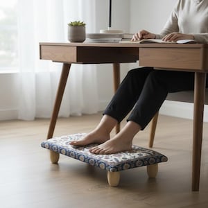 Botanical Floral Pattern Low Step Stool with Wooden Legs, Light Tone Decorative Floor Footstool for Bedroom or Living Room, H-879