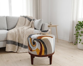 Mustard Swirl Geometric Round Pouf | Wooden Footstool Seat | Mid Century Living Room Decor