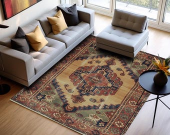 Beige Rust Traditional Rug, Sage Green Non Slip Washable Mat, Vintage Oushak Style Decor H-1118