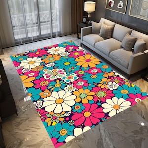 Contemporary rug, Vibrant color rug, Flower print rug, Elegant decoration rug, Sustainable rug, Rug for living room, Non-slip rug