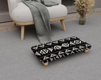 Handmade Wooden Footstool: Black & White Tribal Pattern, Cushioned Top H-729