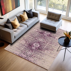 Purple turkish rug, Oushak area rug, Bohemian rug, Worn look rug, Antique look rug, Printed rug, Washable rug, Size vary carpet, Boho rug