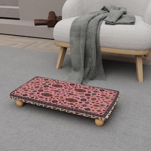 Pink Ethnic Kilim Low Step Stool, 12cm Small Wooden Platform for Closet Access H-849