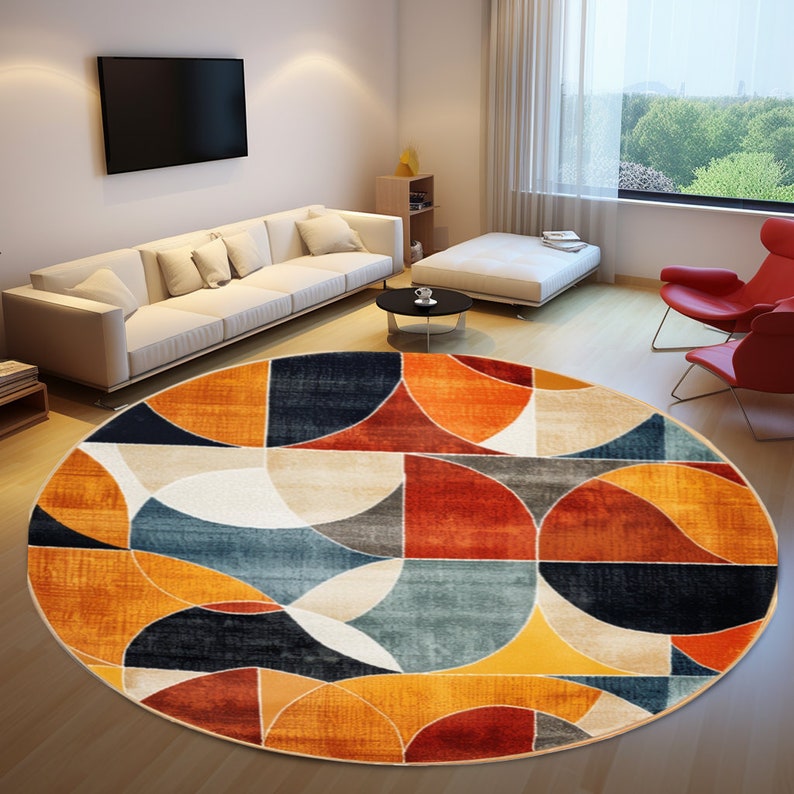 Tapis rond imprimé, tapis géométrique, tapis rond orange, tapis décoratif de salon, tapis décoratif géométrique antidérapant, tapis kilim rond, tapis moderne image 5