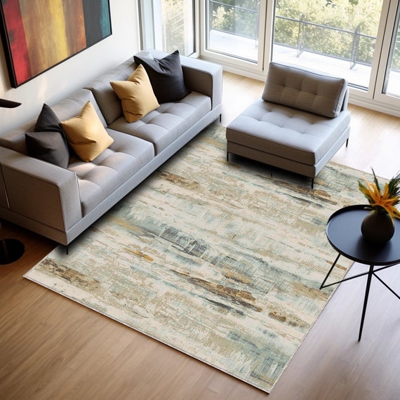 Green Color Rug, Neutral Carpet, Library Decor Rug